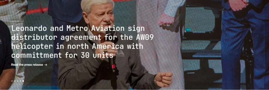 Leonardo and Metro Aviation Sign Distributor Agreement for the AW09 Helicopter